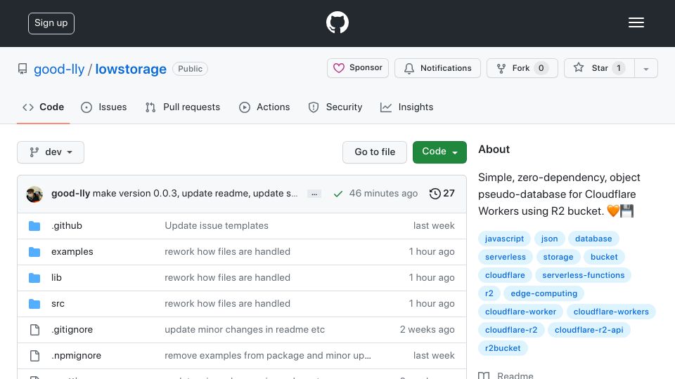 Screenshot of github.com: Lowstorage: JSON-based database for Cloudflare Workers and R2 buckets