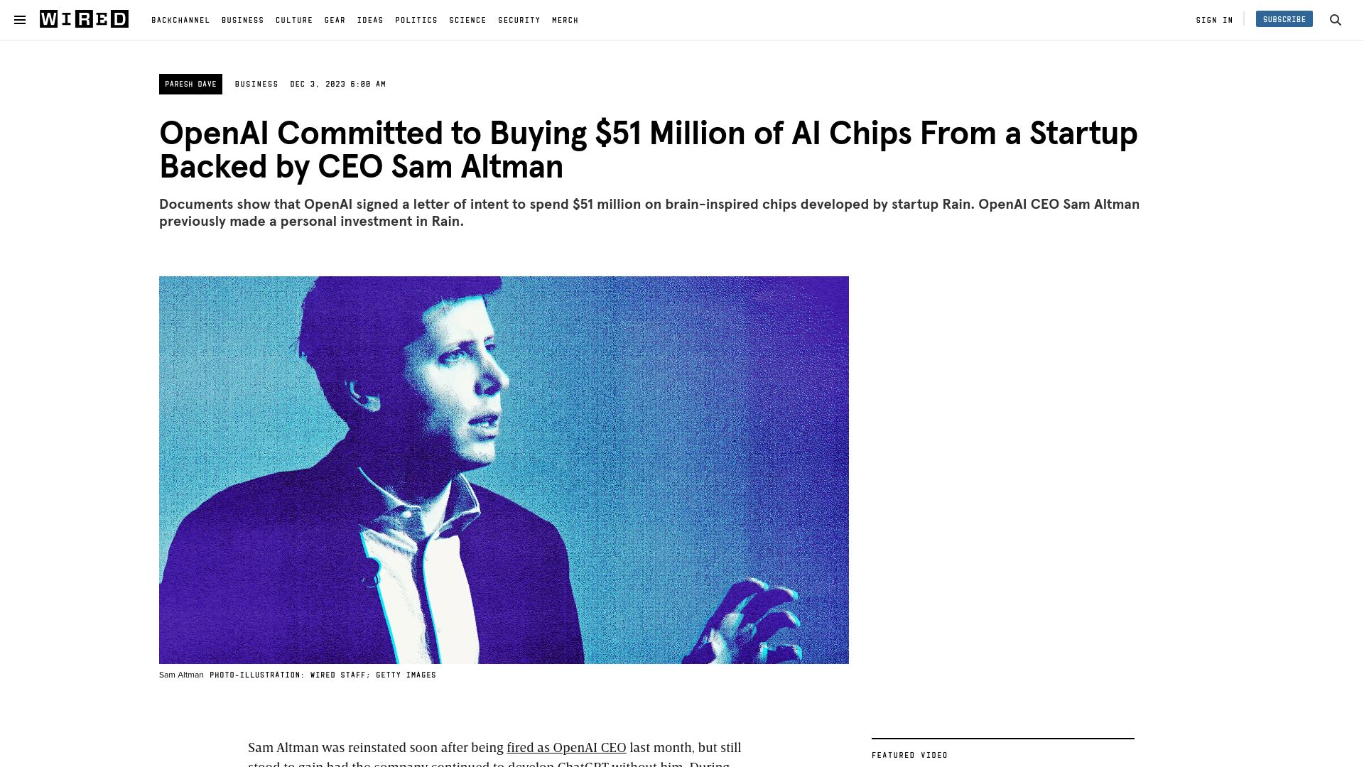 Screenshot of wired.com: OpenAI Committed to Buying $51M of AI Chips from a Startup Backed by Sam Altman