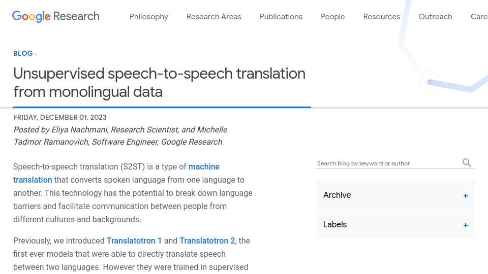 Screenshot of blog.research.google: Unsupervised speech-to-speech translation from monolingual data