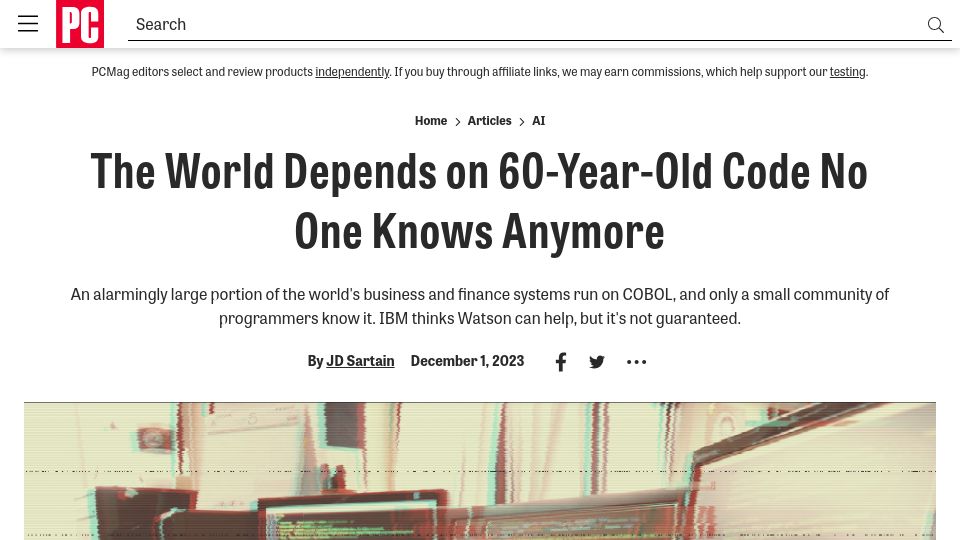 Screenshot of pcmag.com: Watsonx: IBM's code assistant for turning COBOL into Java
