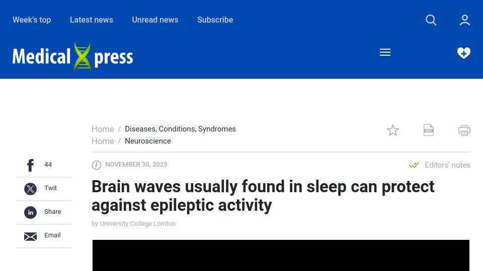 Screenshot of medicalxpress.com: Brain waves usually found in sleep can protect against epileptic activity