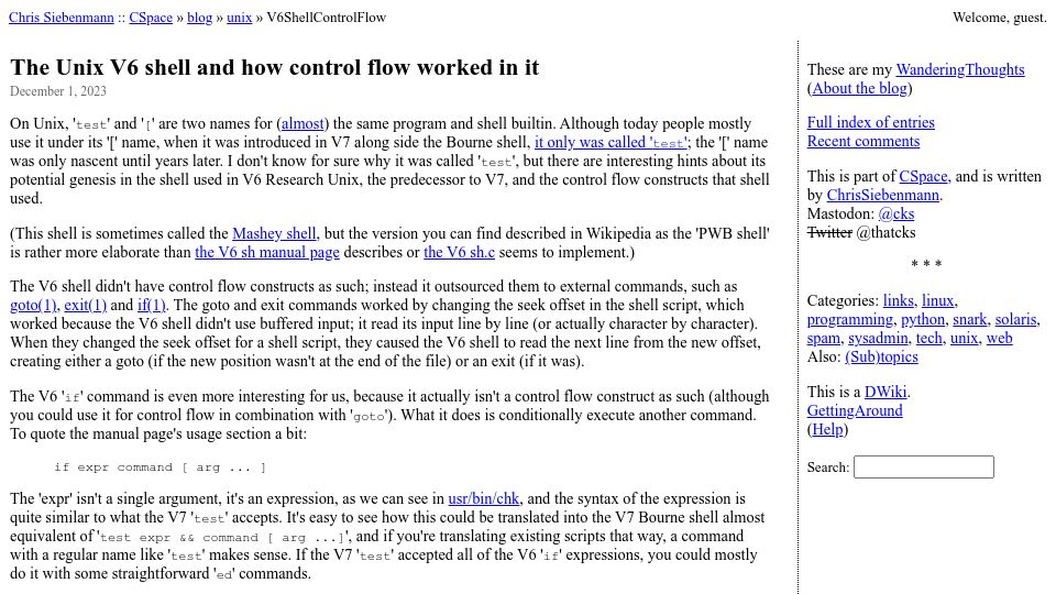 Screenshot of utcc.utoronto.ca: The Unix V6 shell and how control flow worked in it