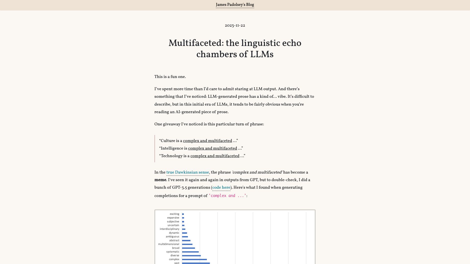 Screenshot of blog.j11y.io: Multifaceted: The linguistic echo chambers of LLMs