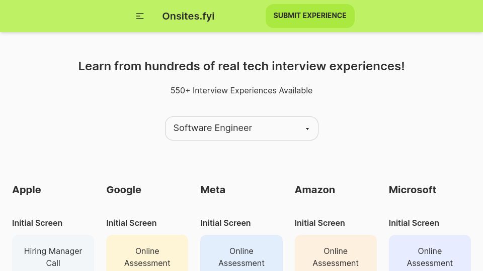 Screenshot of onsites.fyi: Show HN: Onsites.fyi - Curated Big Tech Interview Experiences