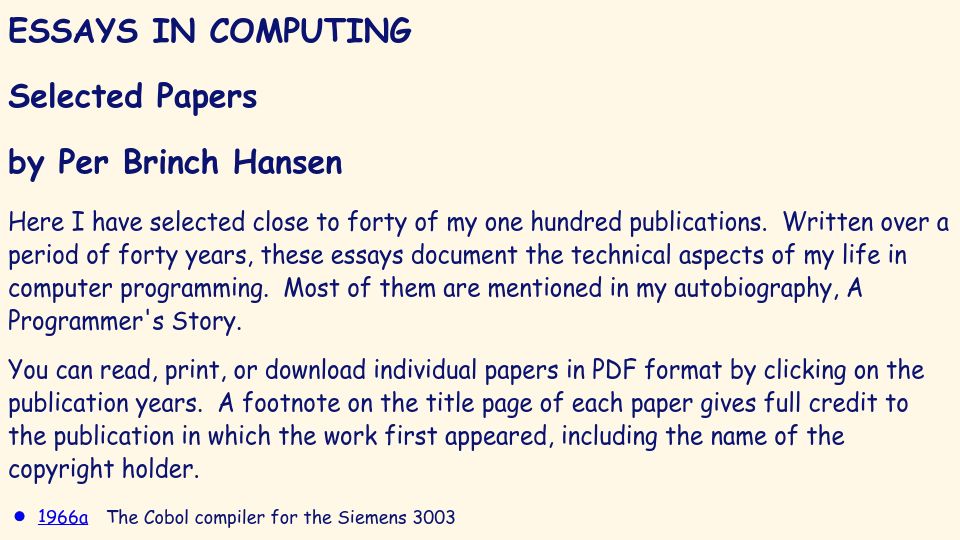 Screenshot of brinch-hansen.net: Concurrent Pascal and SuperPascal programming languages