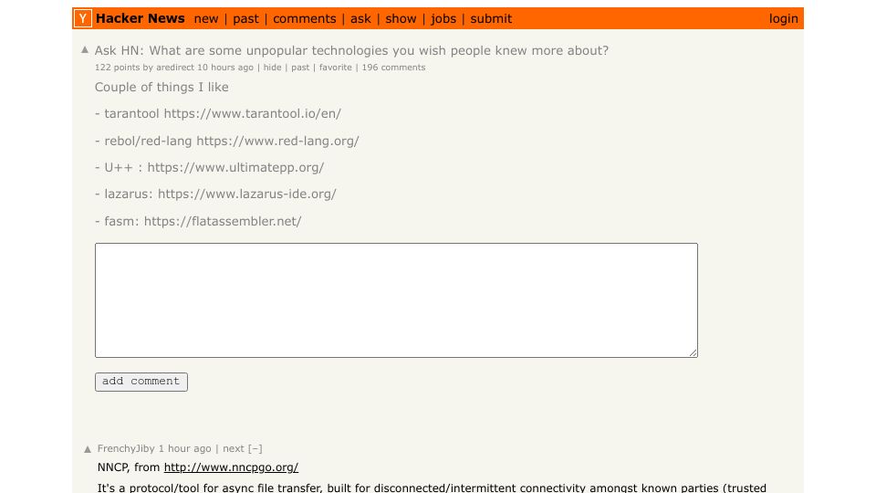 Screenshot of Hacker News post: Ask HN: What are some unpopular technologies you wish people knew more about?