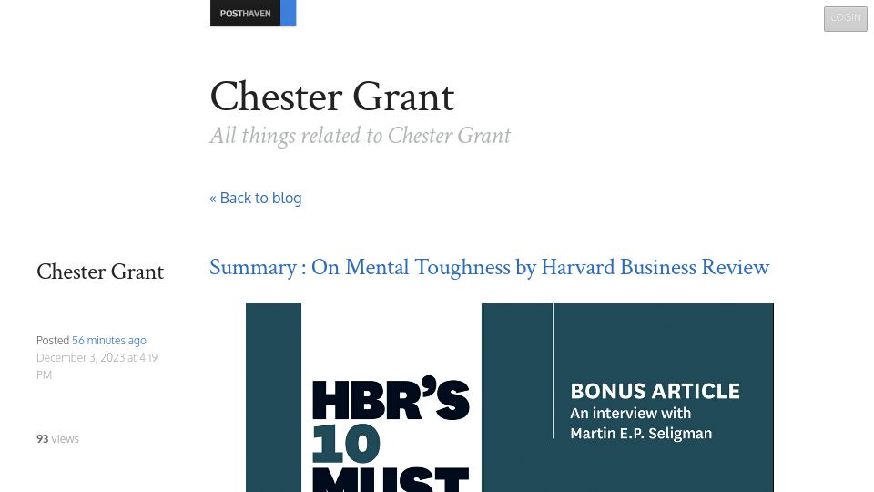 Screenshot of chestergrant.com: Summary: On Mental Toughness by Harvard Business Review
