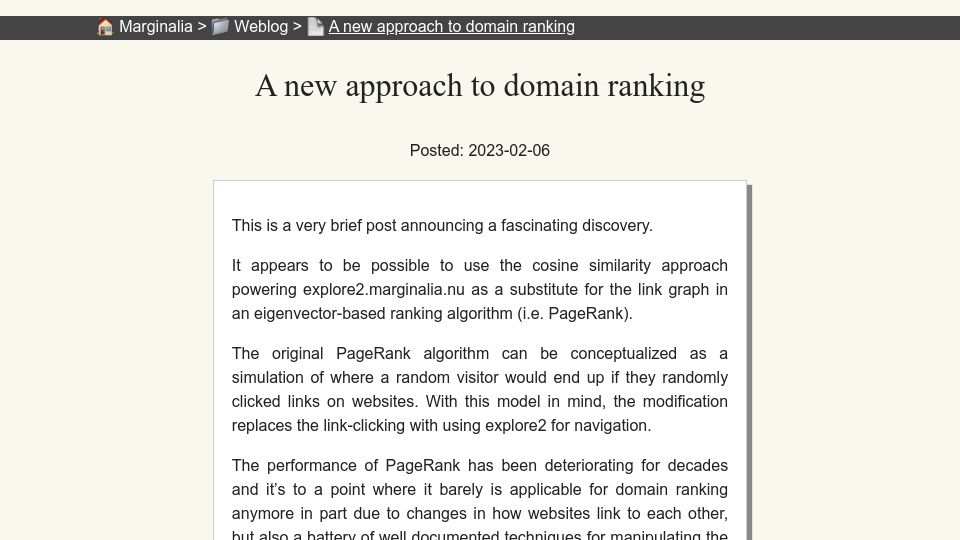 Screenshot of marginalia.nu: A new approach to domain ranking