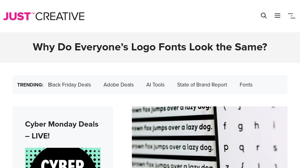 Screenshot of justcreative.com: Why do everyone's logo fonts look the same? (2020)