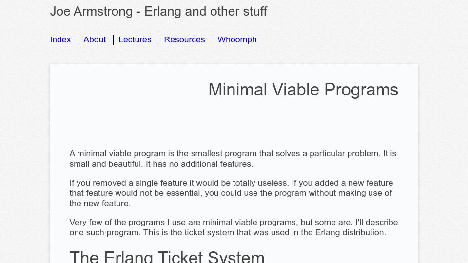 Screenshot of joearms.github.io: Minimal Viable Programs (2014)