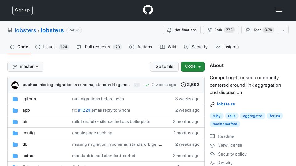 Screenshot of github.com: Lobsters