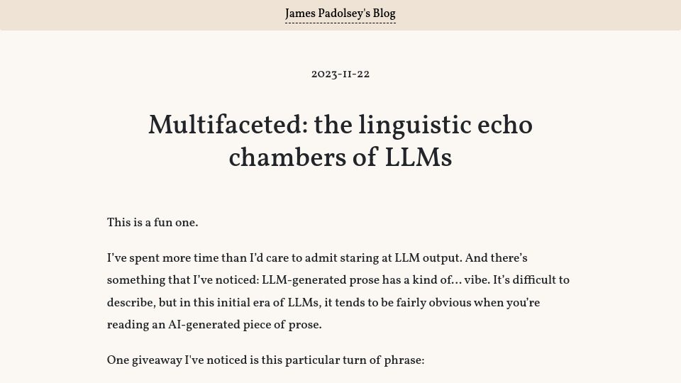 Screenshot of blog.j11y.io: Multifaceted: The linguistic echo chambers of LLMs