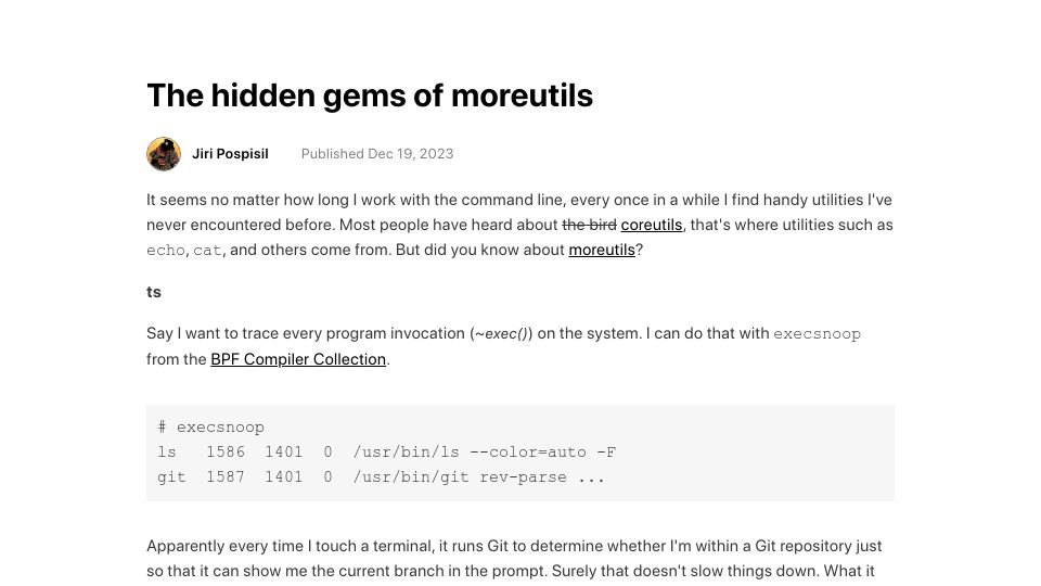 Screenshot of jpospisil.com: Hidden gems of moreutils