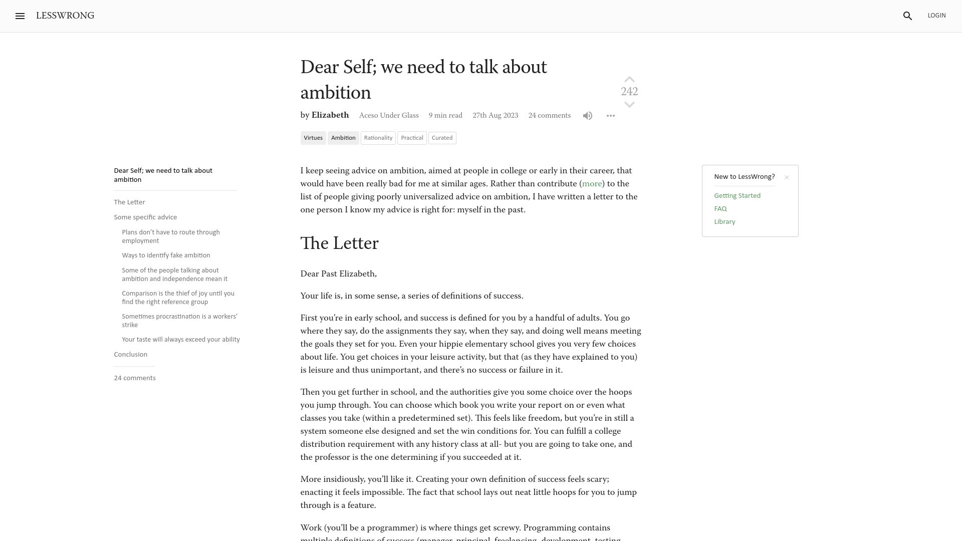 Screenshot of lesswrong.com: Dear Self; we need to talk about ambition