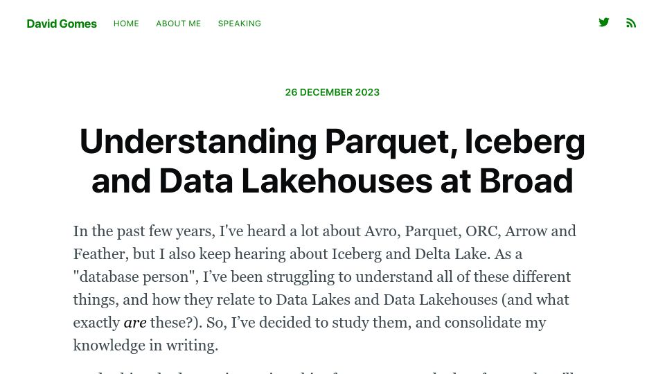 Screenshot of davidgomes.com: Understanding Parquet, Iceberg and Data Lakehouses