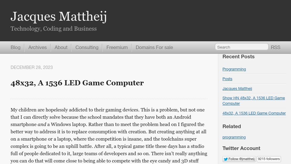 Screenshot of jacquesmattheij.com: 48x32: A 1536 LED Game Computer