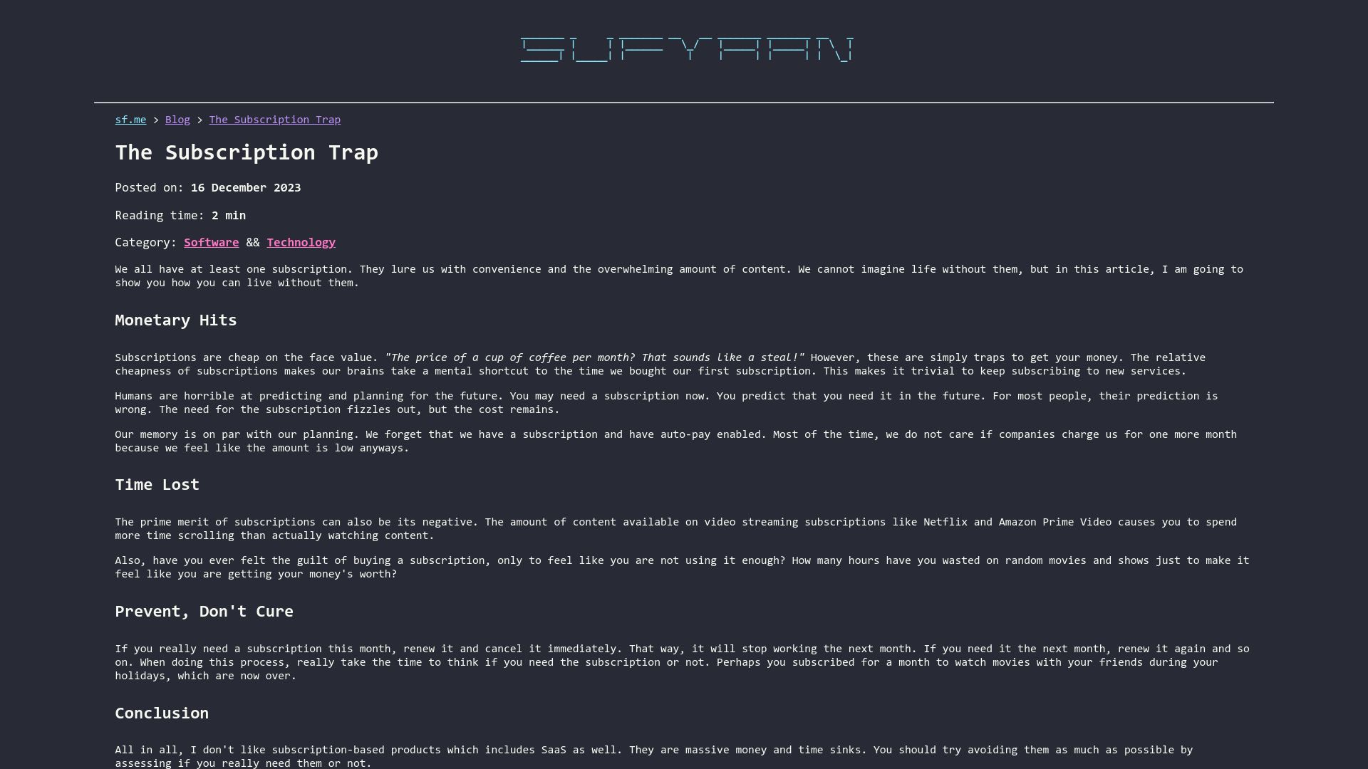 Screenshot of sufyaan.me: The Subscription Trap