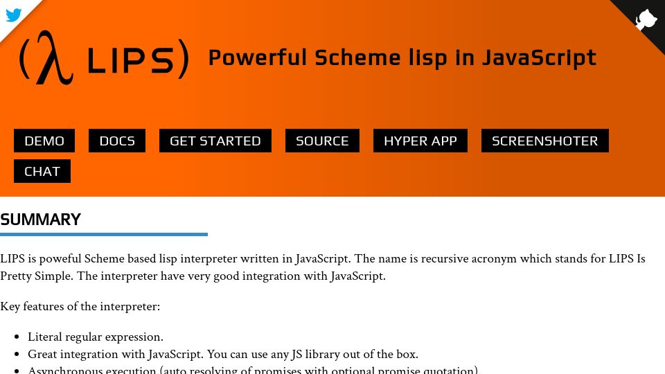 Screenshot of lips.js.org: LIPS: Scheme based Lisp interpreter in JavaScript