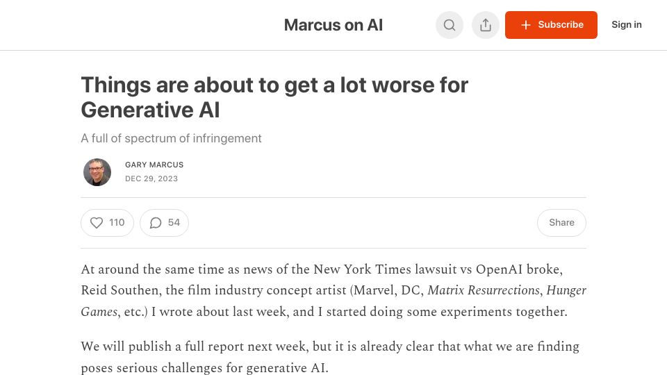 Screenshot of garymarcus.substack.com: Things are about to get worse for generative AI