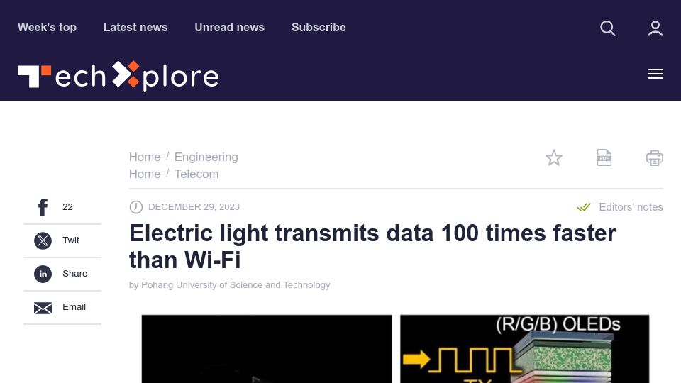 Screenshot of techxplore.com: Electric light transmits data faster than Wi-Fi