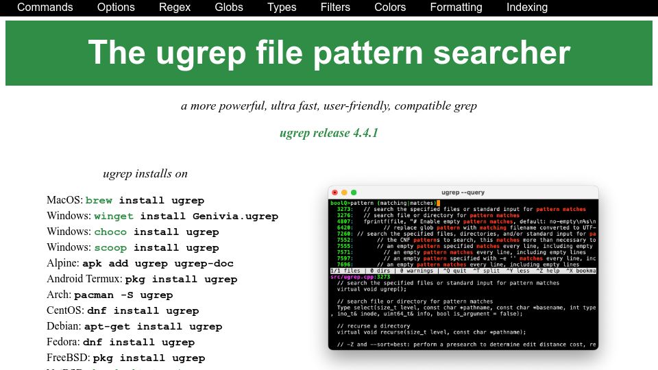 Screenshot of ugrep.com: Ugrep – a more powerful, fast, user-friendly, compatible grep
