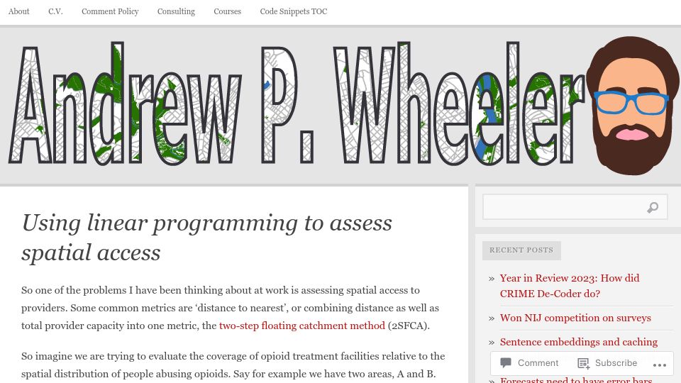 Screenshot of andrewpwheeler.com: Using linear programming to assess spatial access