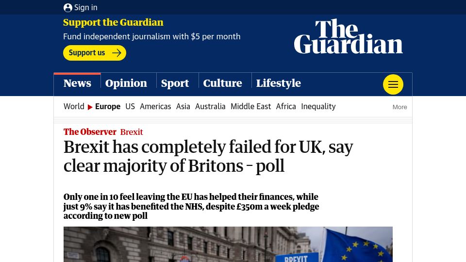 Screenshot of theguardian.com: Brexit has failed for UK, say clear majority of Britons – poll