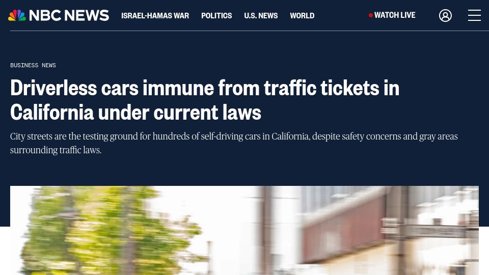 Screenshot of nbcnews.com: Driverless cars immune from traffic tickets in California under current laws