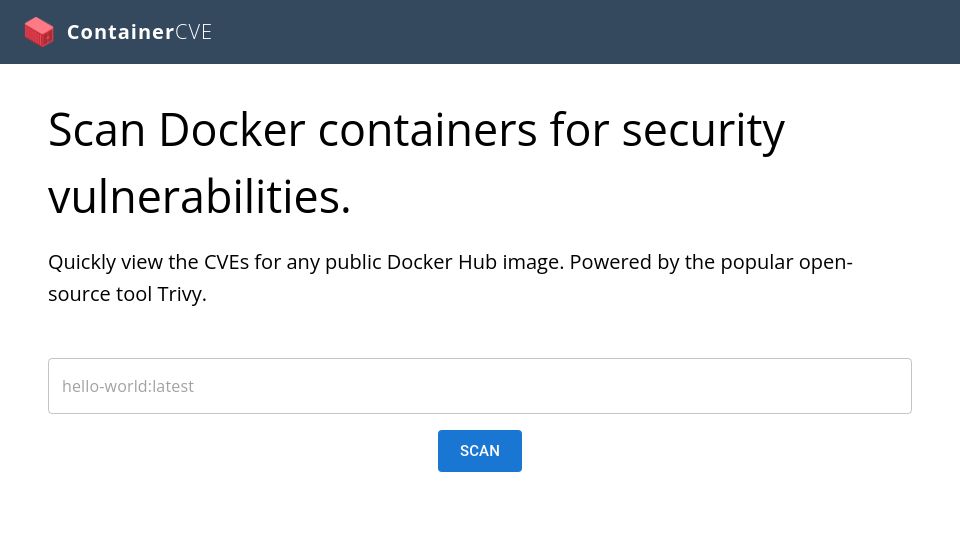 Screenshot of containercve.com: Show HN: I built ContainerCVE – a web tool to scan public Docker images