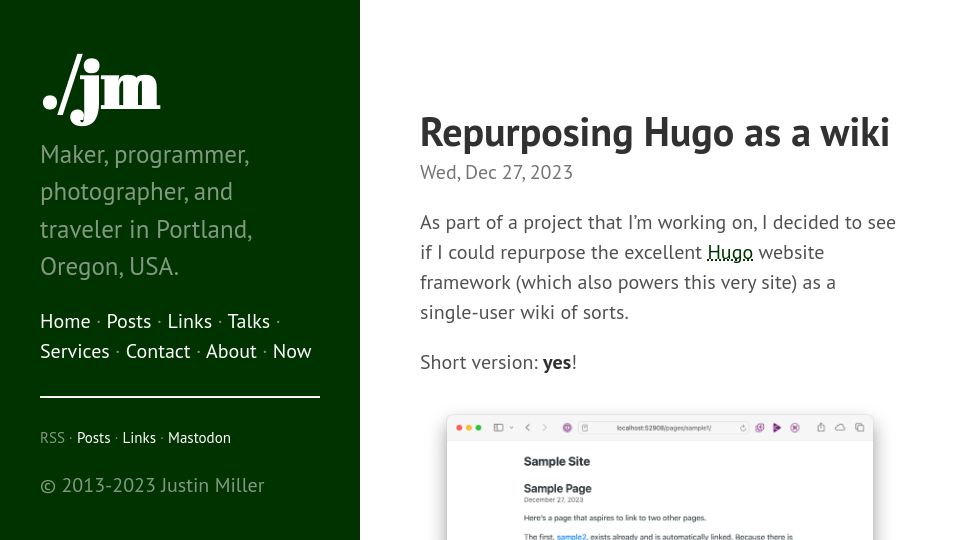 Screenshot of justinmiller.io: Repurposing Hugo as a wiki