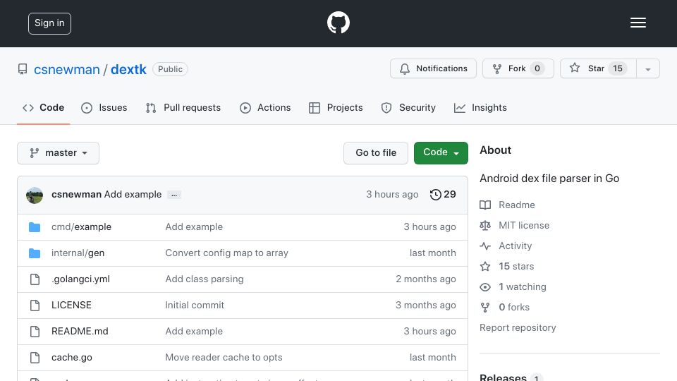 Screenshot of github.com: Show HN: dextk - Android dex file parser in Go