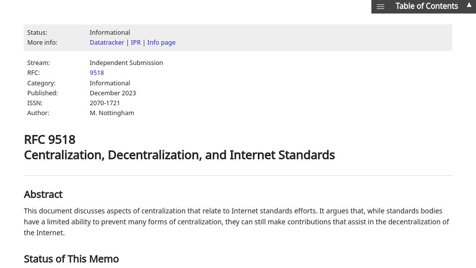 Screenshot of rfc-editor.org: Centralization, Decentralization, and Internet Standards