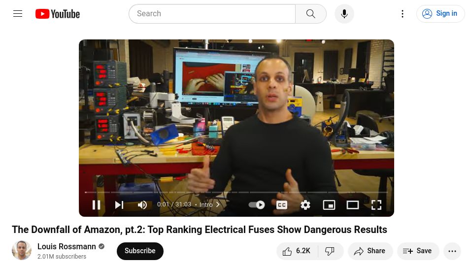 Screenshot of youtube.com: The Downfall of Amazon: Top Ranking Electrical Fuses Show Dangerous Results [video]