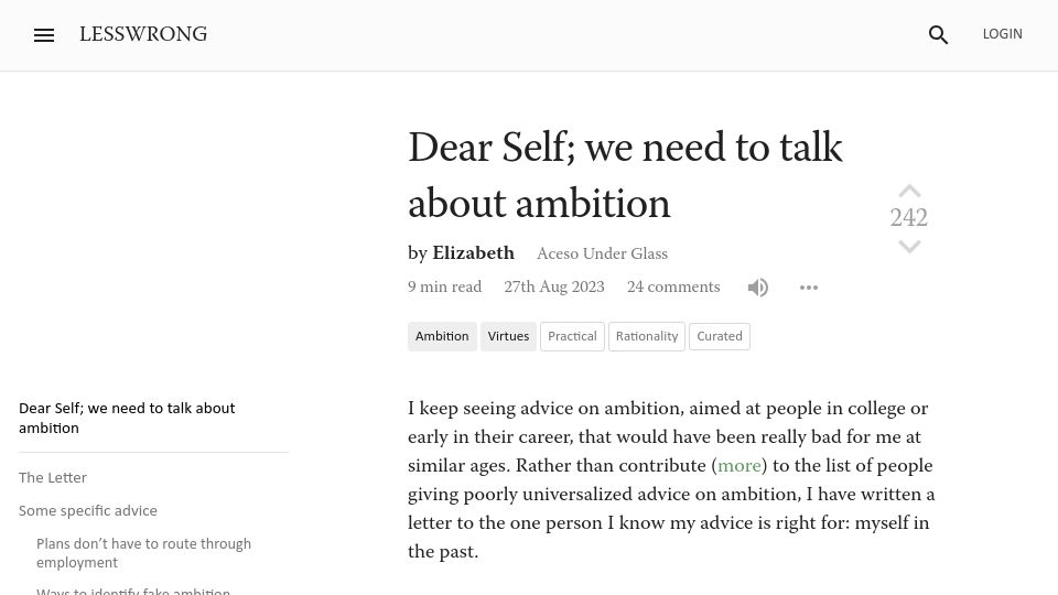 Screenshot of lesswrong.com: Dear Self; we need to talk about ambition