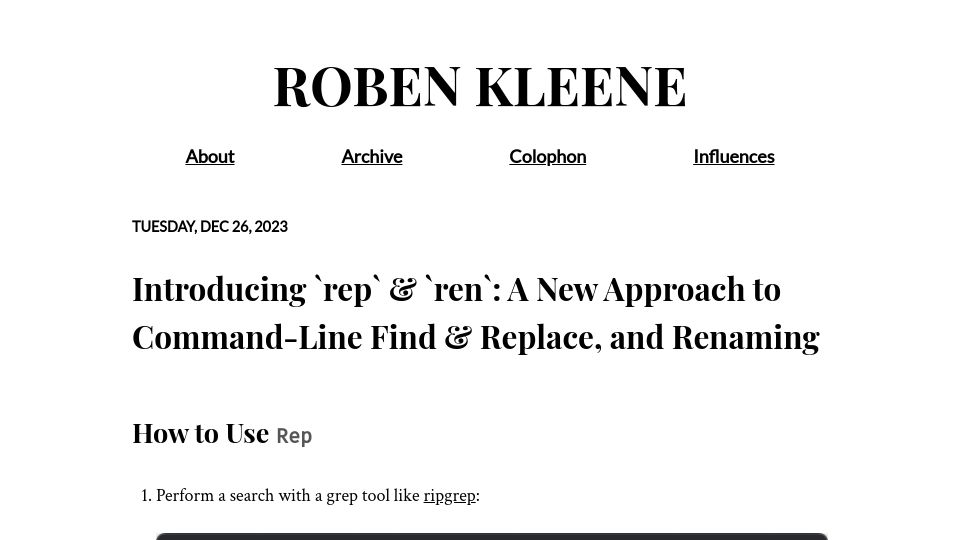 Screenshot of blog.robenkleene.com: Rep and Ren: A new approach to CLI find, replace, and renaming