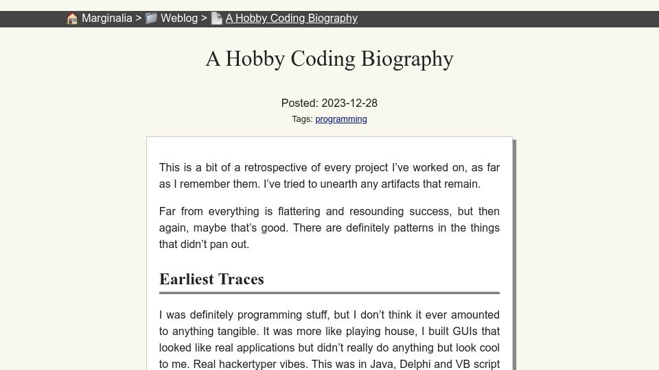 Screenshot of marginalia.nu: A Hobby Coding Biography