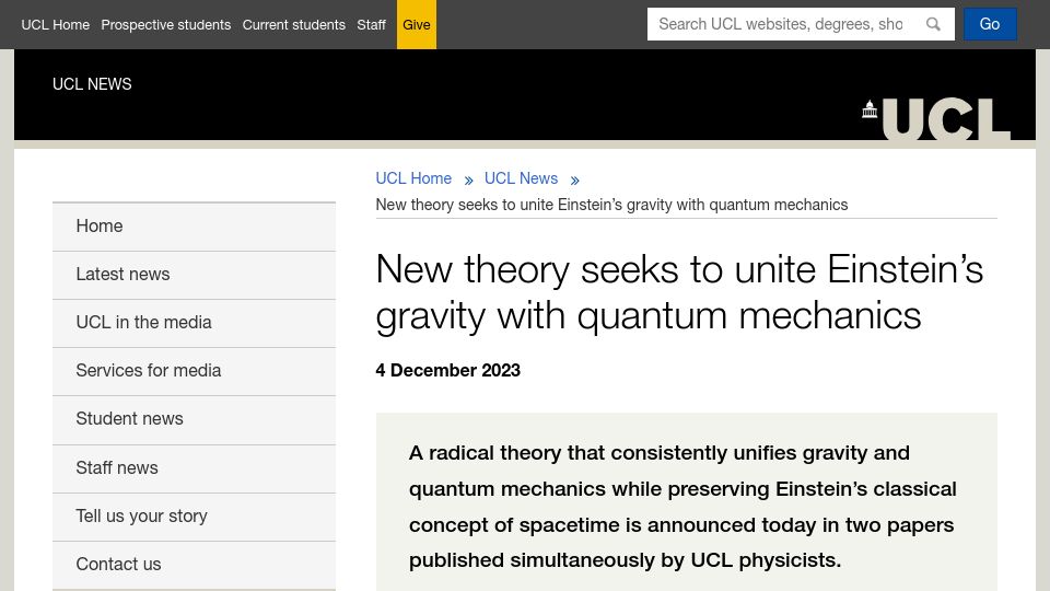 Screenshot of ucl.ac.uk: New theory seeks to unite Einstein's gravity with quantum mechanics