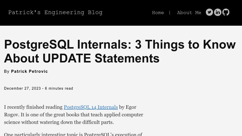Screenshot of patrick.engineering: PostgreSQL internals: Things to know about update statements