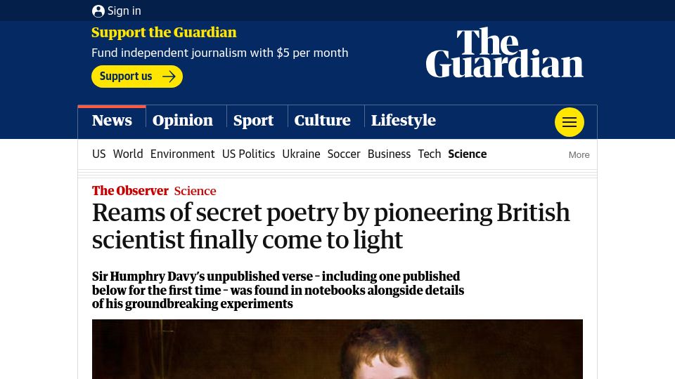 Screenshot of theguardian.com: Sir Humphry Davy’s unpublished poetry found in notebooks