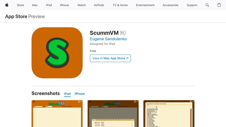 Screenshot of apps.apple.com: ScummVM on the App Store