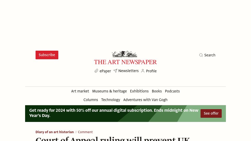 Screenshot of theartnewspaper.com: Court of Appeal ruling will prevent UK museums from charging reproduction fees