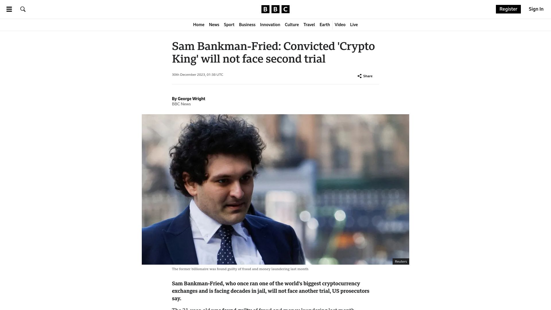 Screenshot of bbc.com: Sam Bankman-Fried: Convicted 'Crypto King' will not face second trial