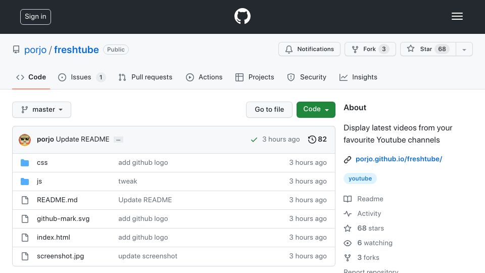 Screenshot of github.com: Show HN: FreshTube – show latest videos from YouTube channels