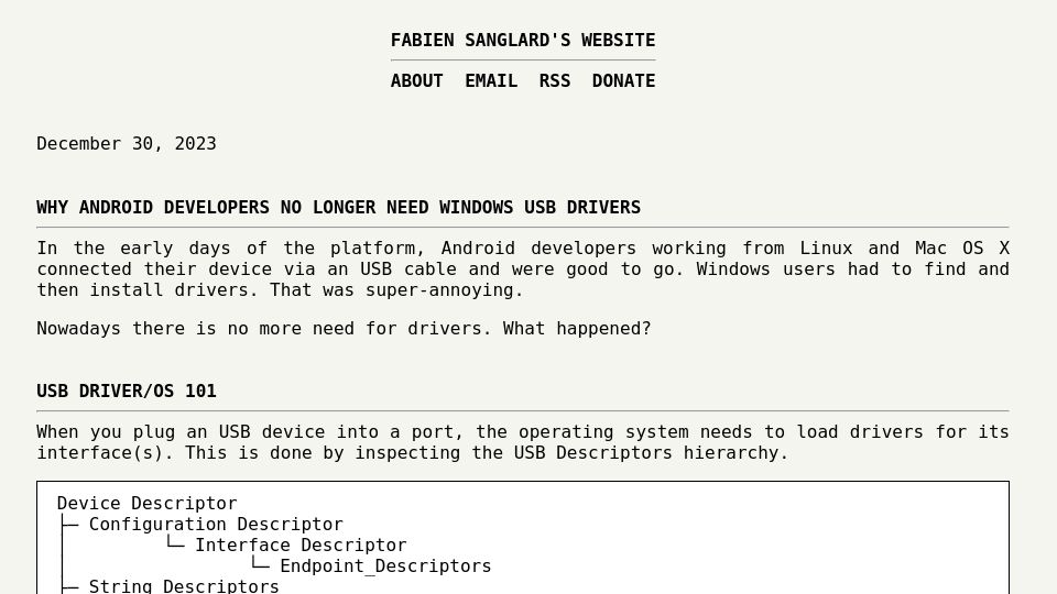 Screenshot of fabiensanglard.net: Android developers no longer need Windows USB drivers