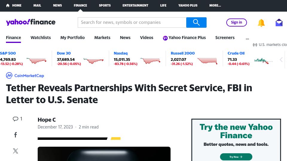 Screenshot of finance.yahoo.com: Tether reveals partnerships with Secret Service, FBI in letter to U.S. Senate