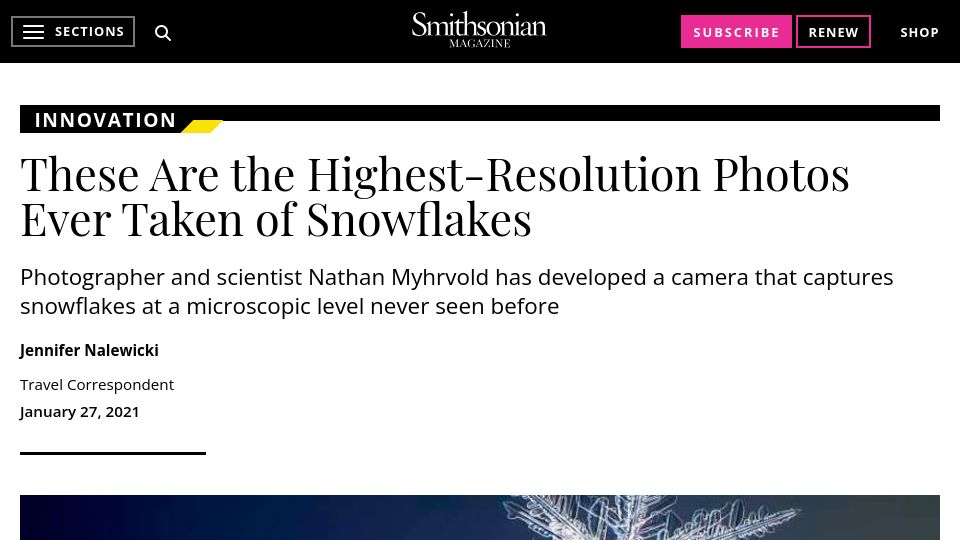 Screenshot of smithsonianmag.com: The highest-resolution photos of snowflakes (2021)