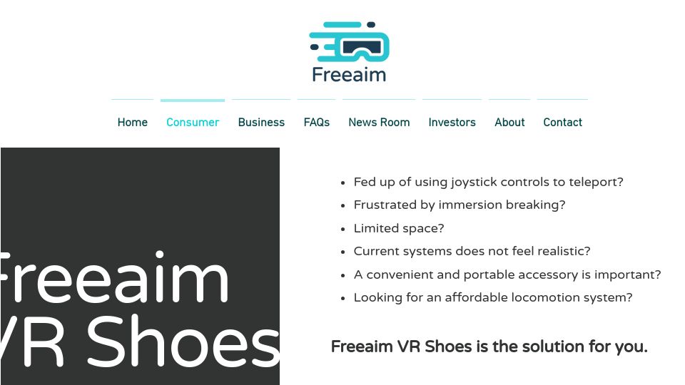 Screenshot of freeaim.com: Freeaim VR Shoes