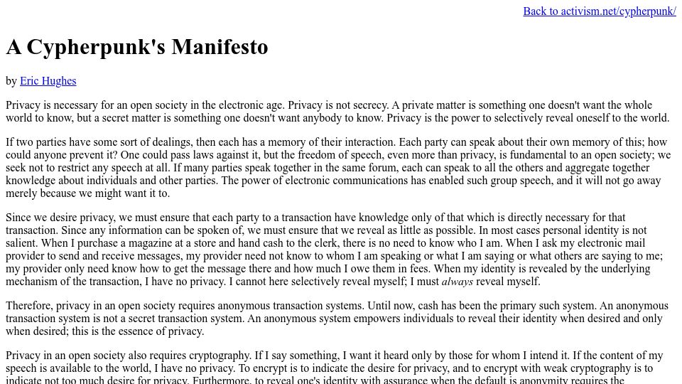 Screenshot of activism.net: A Cypherpunk's Manifesto (1993)