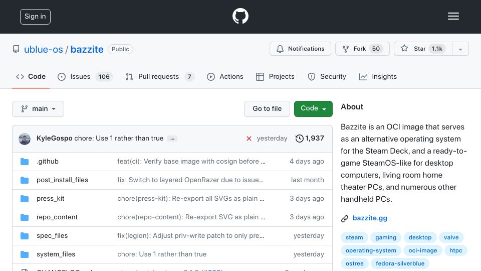 Screenshot of github.com: Bazzite – a SteamOS-like OCI image for desktop, living room, and handheld PCs