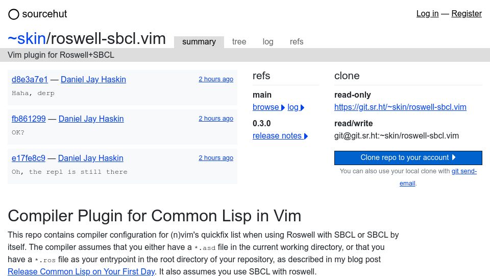 Screenshot of git.sr.ht: Show HN: Common Lisp Vim Compiler Plug-In